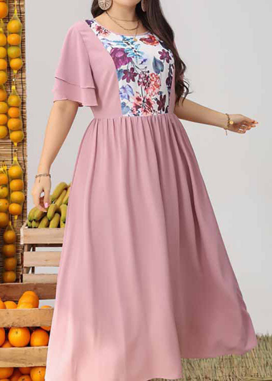 French Pink O Neck Print Wrinkled Patchwork Dresses Butterfly Sleeve