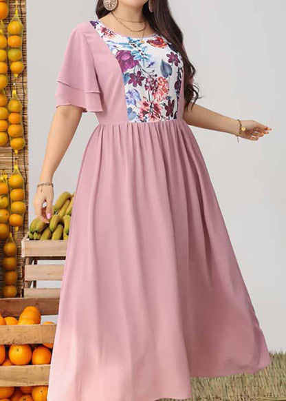 French Pink O Neck Print Wrinkled Patchwork Dresses Butterfly Sleeve