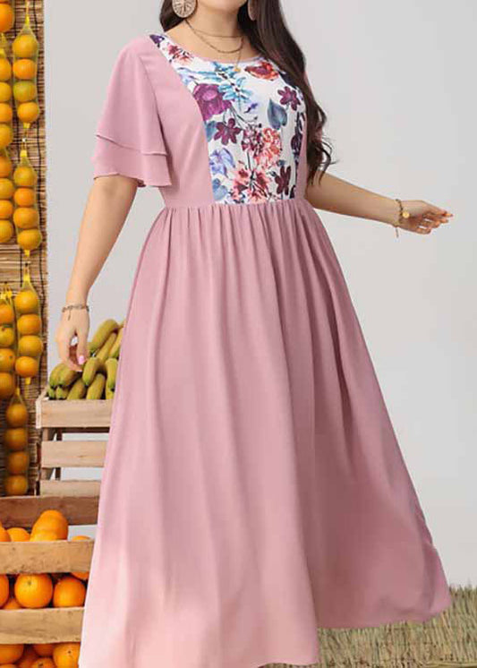 French Pink O Neck Print Wrinkled Patchwork Dresses Butterfly Sleeve