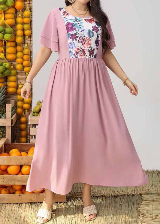 French Pink O Neck Print Wrinkled Patchwork Dresses Butterfly Sleeve