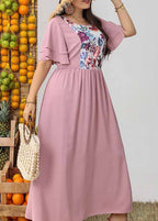 French Pink O Neck Print Wrinkled Patchwork Dresses Butterfly Sleeve