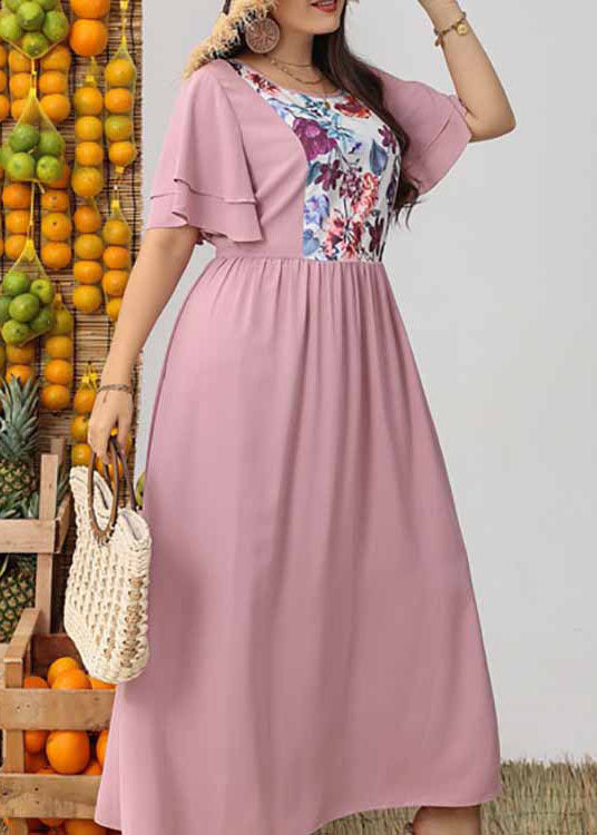 French Pink O Neck Print Wrinkled Patchwork Dresses Butterfly Sleeve