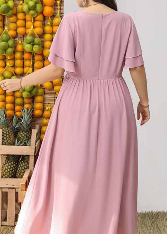 French Pink O Neck Print Wrinkled Patchwork Dresses Butterfly Sleeve