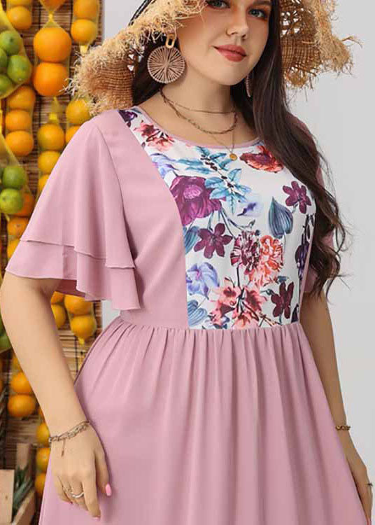 French Pink O Neck Print Wrinkled Patchwork Dresses Butterfly Sleeve
