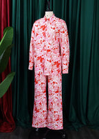 French Pink Peter Pan Collar Print Cotton Tops And PantsTwo Piece Set Fall