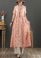 French Pink Print High Waist Summer Linen Dress