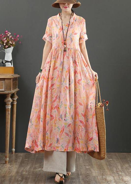 French Pink Print High Waist Summer Linen Dress