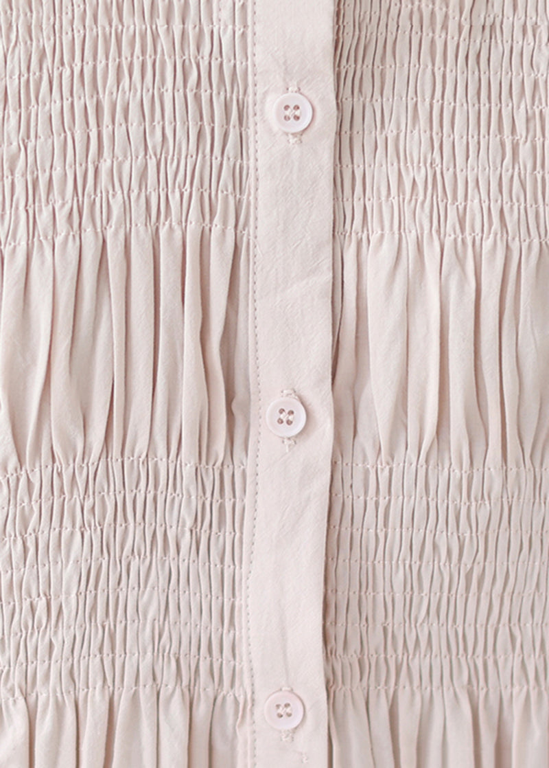 French Pink Stand Collar Wrinkled Cotton Shirt Top Half Sleeve