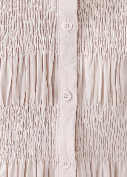 French Pink Stand Collar Wrinkled Cotton Shirt Top Half Sleeve