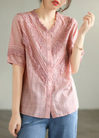 French Pink V Neck Lace Patchwork Button Cotton Shirt Short Sleeve