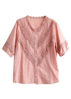 French Pink V Neck Lace Patchwork Button Cotton Shirt Short Sleeve