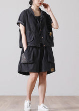Load image into Gallery viewer, French Pockets hot pants Denim Black Short Sleeve Two Pieces Set