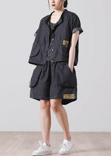 Load image into Gallery viewer, French Pockets hot pants Denim Black Short Sleeve Two Pieces Set