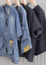 Load image into Gallery viewer, French Pockets hot pants Denim Black Short Sleeve Two Pieces Set