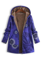 French Red Hooded Print Pockets Patchwork Warm Fleece Coats Fall