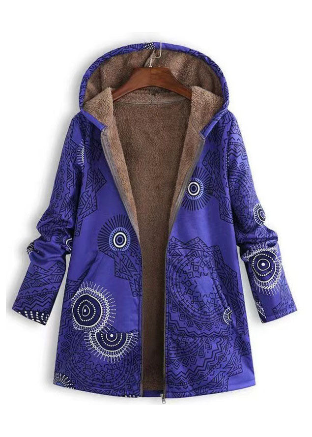French Red Hooded Print Pockets Patchwork Warm Fleece Coats Fall