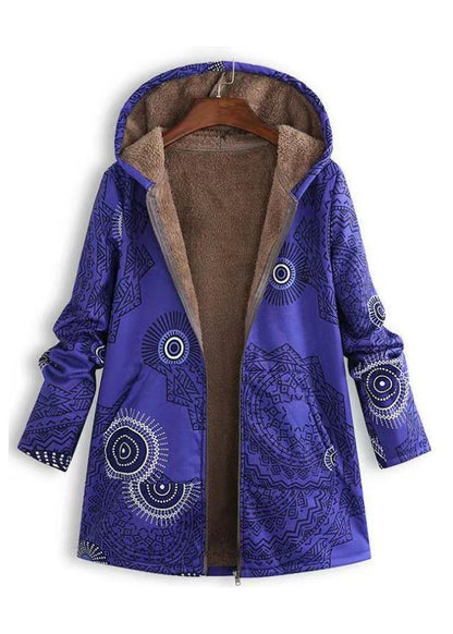 French Red Hooded Print Pockets Patchwork Warm Fleece Coats Fall
