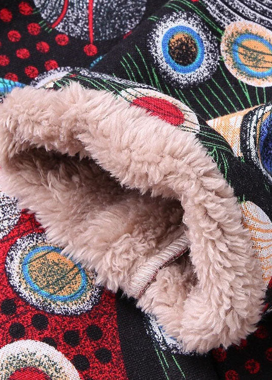 French Red Hooded Print Zippered Patchwork Warm Fleece Coat Fall