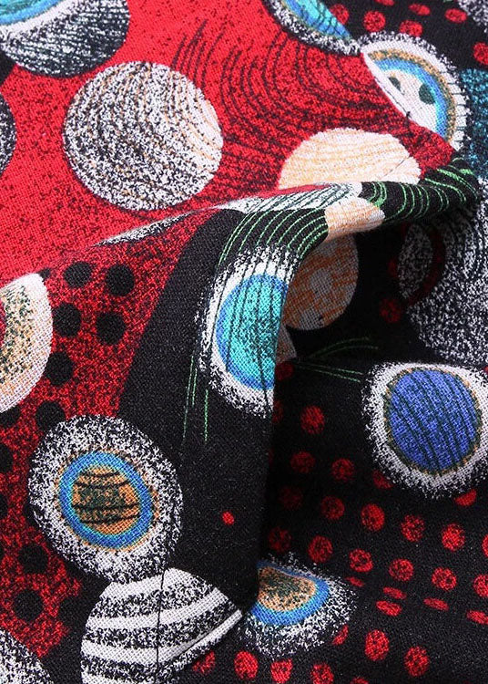 French Red Hooded Print Zippered Patchwork Warm Fleece Coat Fall