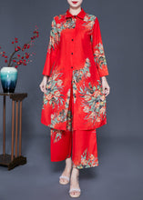 Load image into Gallery viewer, French Red Peter Pan Collar Print Chiffon Women Sets 2 Pieces Summer