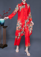 French Red Peter Pan Collar Print Chiffon Women Sets 2 Pieces Summer