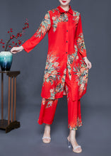 Load image into Gallery viewer, French Red Peter Pan Collar Print Chiffon Women Sets 2 Pieces Summer
