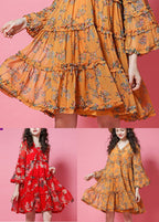 French Red Ruffled Print Chiffon Maxi Dress Bracelet Sleeve