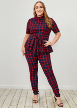Load image into Gallery viewer, French Red Stand Collar Plaid Tie Waist Patchwork Cotton Two Pieces Set Summer