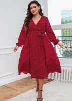 French Red V Neck Print Tie Waist Patchwork Cotton Dresses Fall