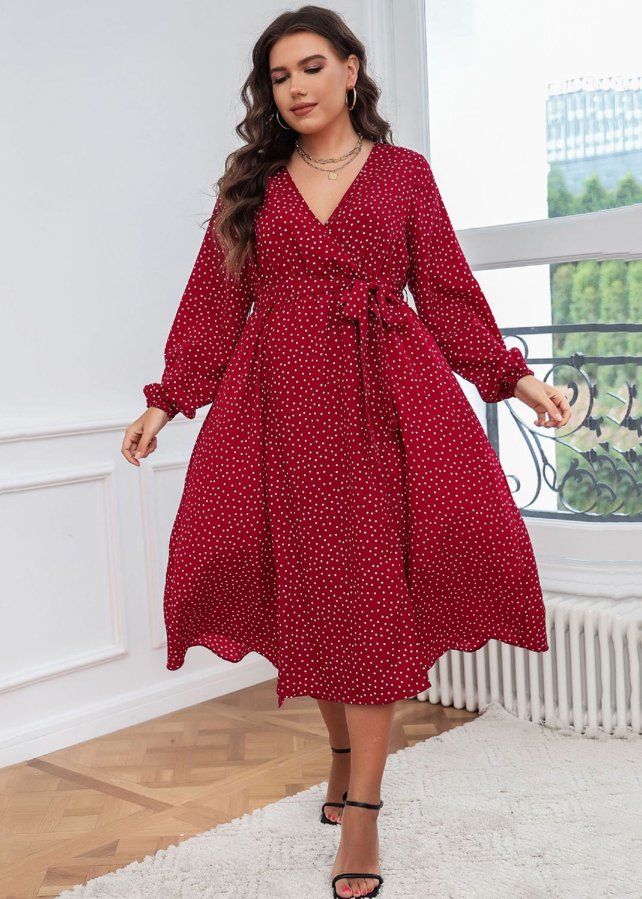 French Red V Neck Print Tie Waist Patchwork Cotton Dresses Fall