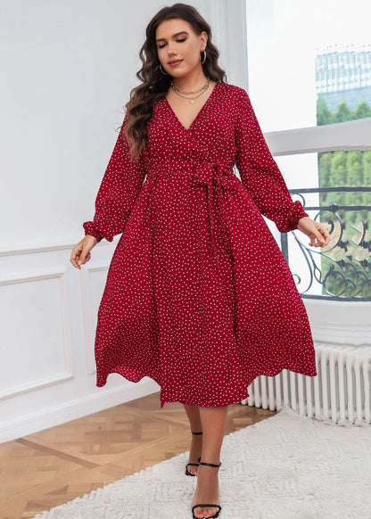 French Red V Neck Print Tie Waist Patchwork Cotton Dresses Fall