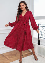French Red V Neck Print Tie Waist Patchwork Cotton Dresses Fall