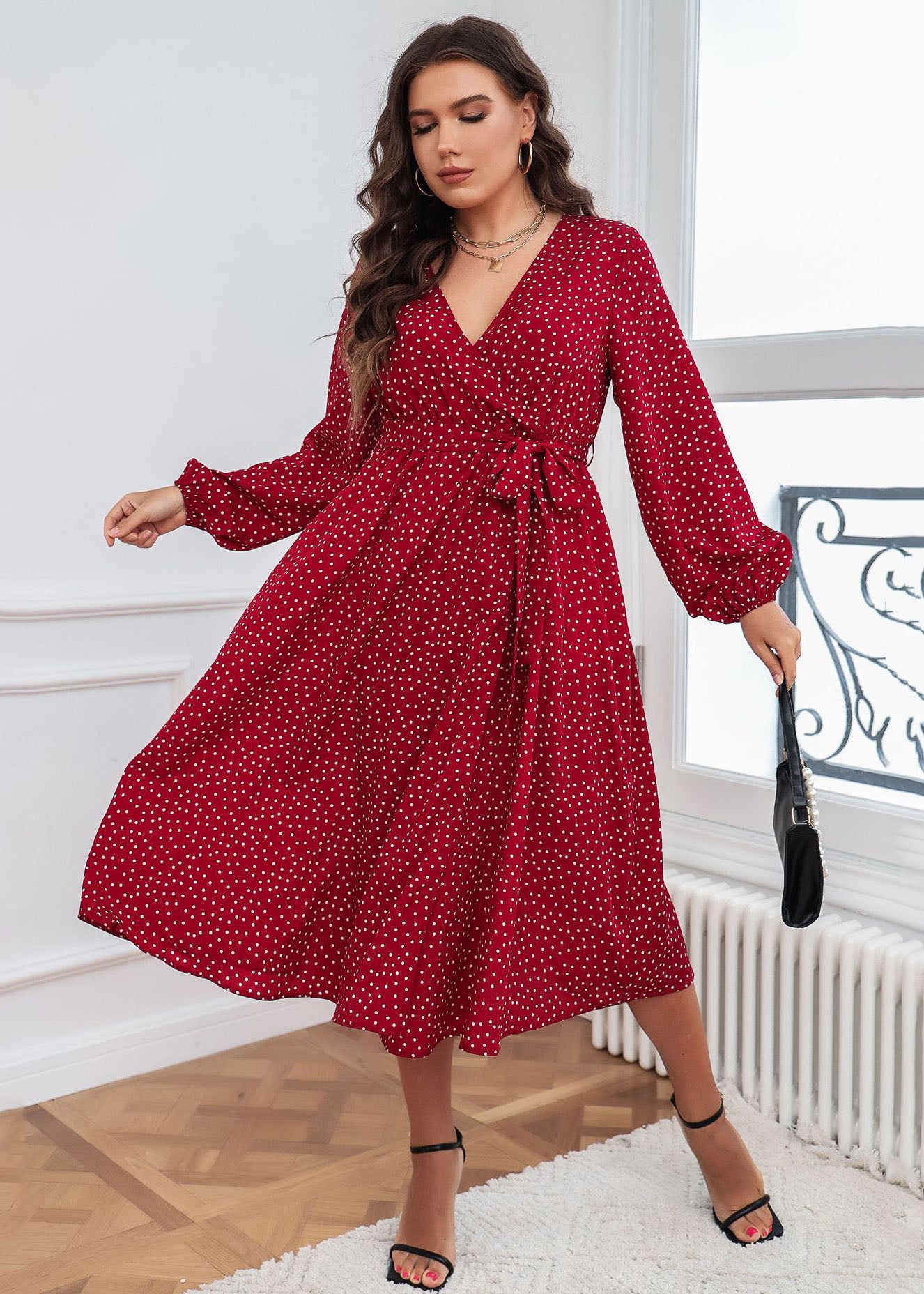 French Red V Neck Print Tie Waist Patchwork Cotton Dresses Fall