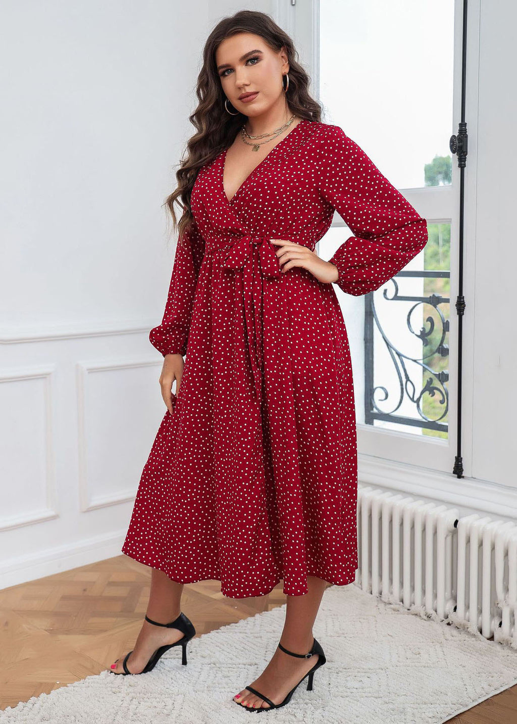 French Red V Neck Print Tie Waist Patchwork Cotton Dresses Fall