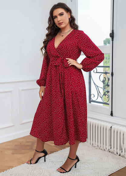 French Red V Neck Print Tie Waist Patchwork Cotton Dresses Fall