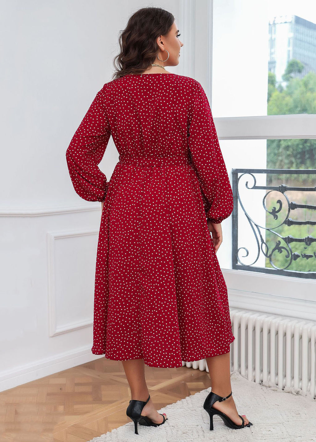 French Red V Neck Print Tie Waist Patchwork Cotton Dresses Fall