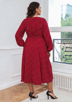 French Red V Neck Print Tie Waist Patchwork Cotton Dresses Fall