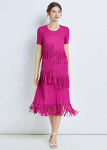 Load image into Gallery viewer, French Rose Tasseled Patchwork Wrinkled Chiffon Dresses Short Sleeve