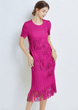 Load image into Gallery viewer, French Rose Tasseled Patchwork Wrinkled Chiffon Dresses Short Sleeve