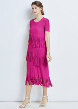 Load image into Gallery viewer, French Rose Tasseled Patchwork Wrinkled Chiffon Dresses Short Sleeve