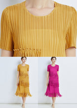 Load image into Gallery viewer, French Rose Tasseled Patchwork Wrinkled Chiffon Dresses Short Sleeve