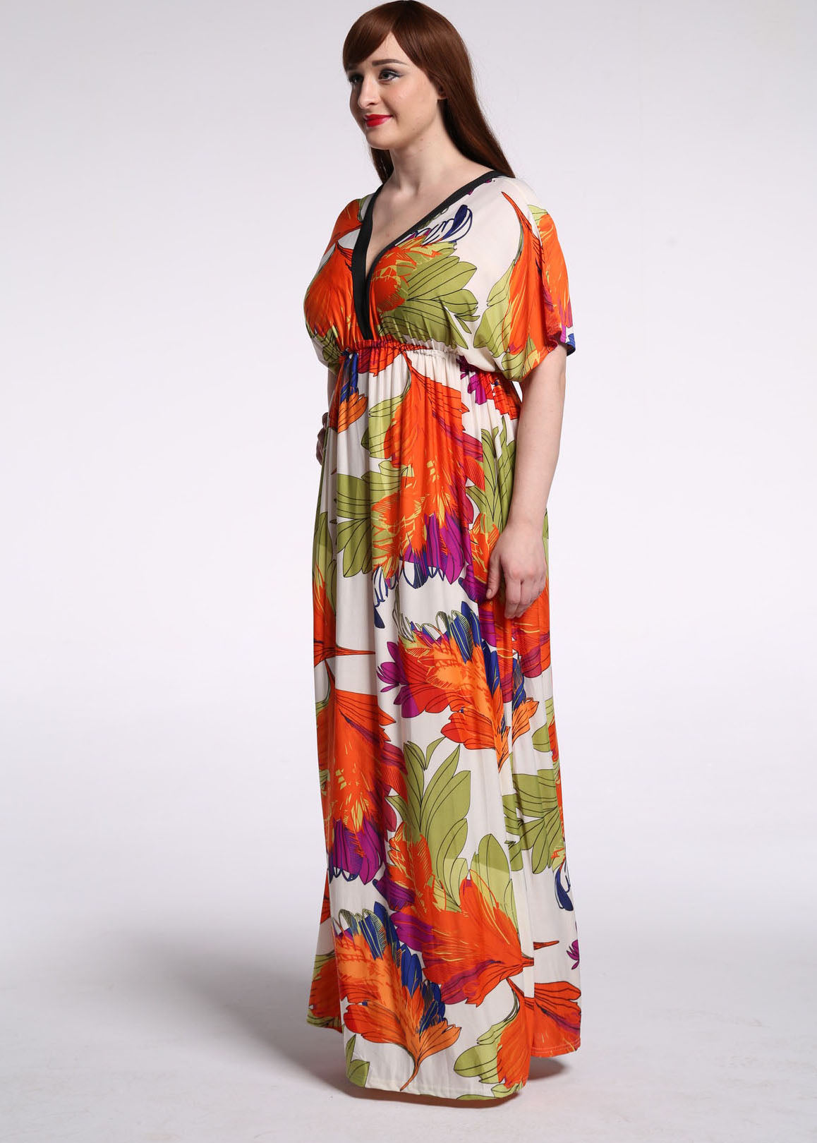 French V Neck Cinched Print Backless Ice Silk Vacation Long Dresses Batwing Sleeve