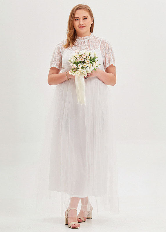 French White Stand Collar Lace Patchwork Tulle Long Dresses Short Sleeve