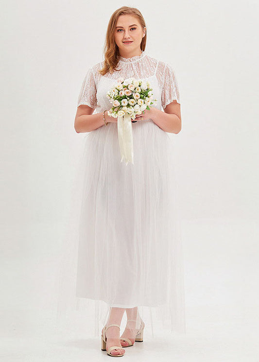 French White Stand Collar Lace Patchwork Tulle Long Dresses Short Sleeve