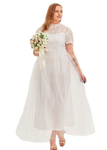 French White Stand Collar Lace Patchwork Tulle Long Dresses Short Sleeve