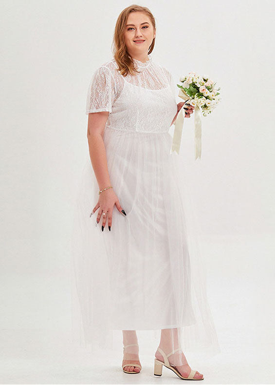 French White Stand Collar Lace Patchwork Tulle Long Dresses Short Sleeve