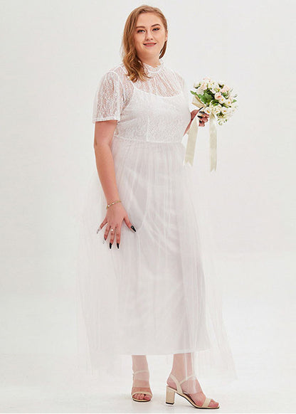 French White Stand Collar Lace Patchwork Tulle Long Dresses Short Sleeve