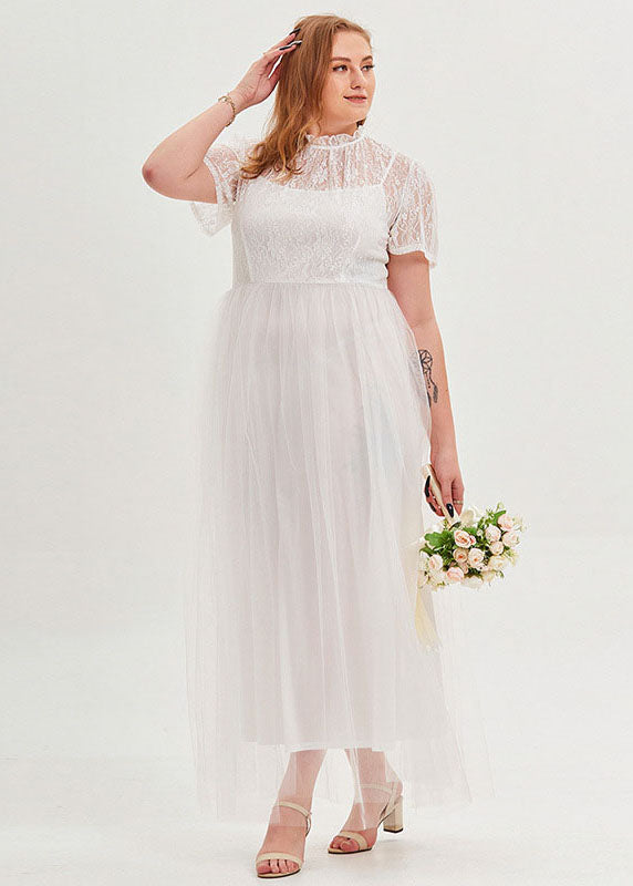 French White Stand Collar Lace Patchwork Tulle Long Dresses Short Sleeve