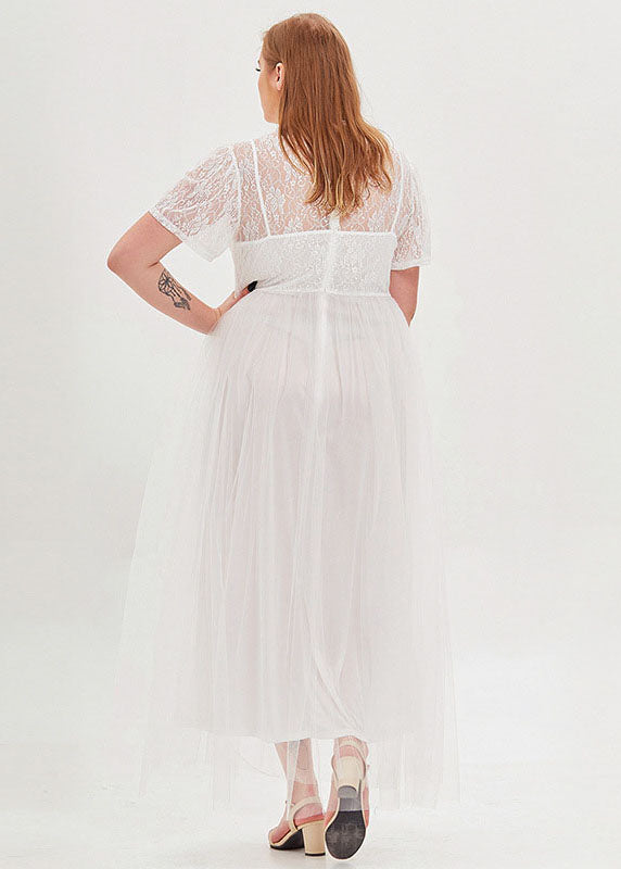 French White Stand Collar Lace Patchwork Tulle Long Dresses Short Sleeve