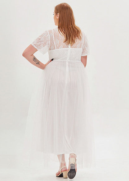 French White Stand Collar Lace Patchwork Tulle Long Dresses Short Sleeve